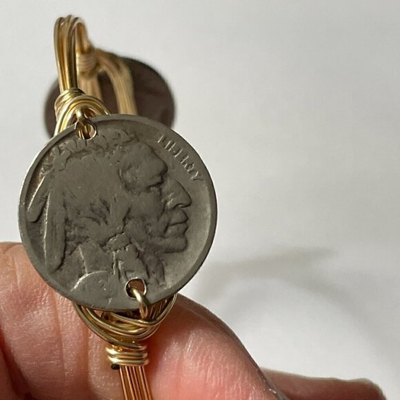 Vintage Indian Head Buffalo Three Nickels Currency Gold Wire Bangle Bracelet - Picture 5 of 6
